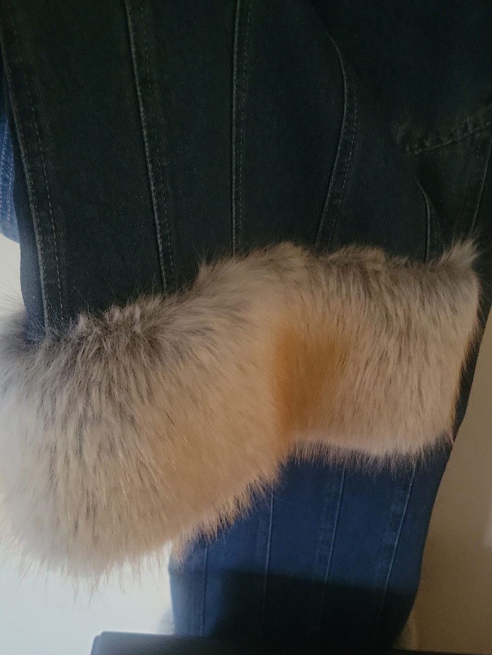 AKIRA Denim Wide-Leg Jumpsuit with Fur Trim - Dark Blue - Picture 12 of 12